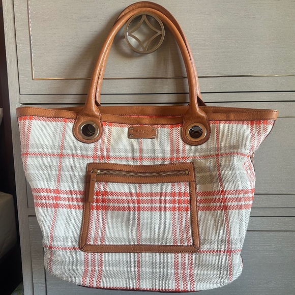 Kate Spade Boulevard Shopper Michaela Orange & Gray Plaid Tote - Picture 1 of 16